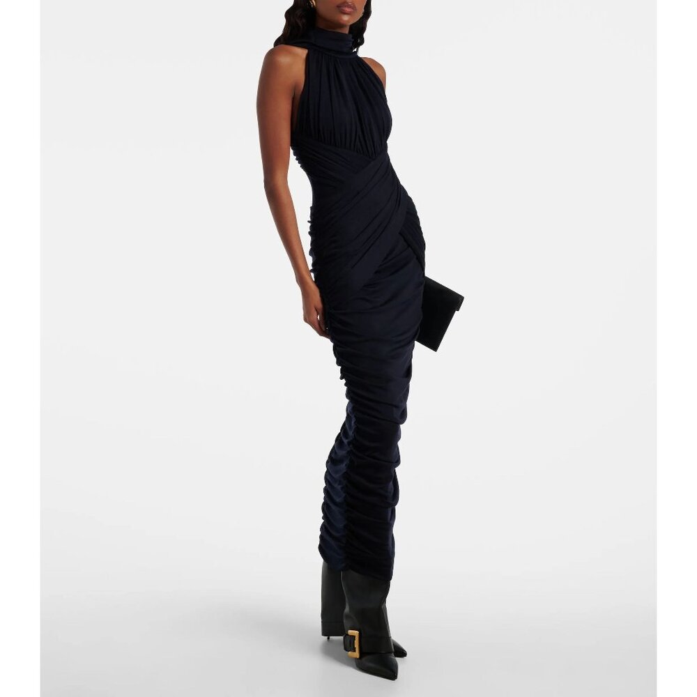 BALMAIN Ruched navy wool jersey midi dress size XS